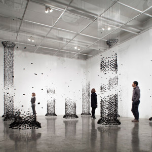 Seon-Ghi Bahk, An Aggregation, 2014, Charcoal and nylon threads, Dimensions variable