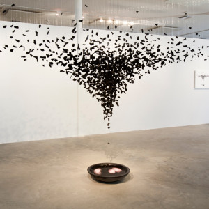 Seon-Ghi Bahk, An Aggregation, 2013, Charcoal and nylon threads, 300 x 100 x 40 cm