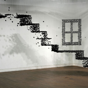 Seon-Ghi Bahk, Panorama, 2007, Charcoal and nylon threads, Dimensions variable