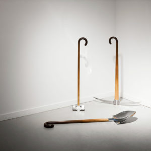 MyeongBeom Kim, Untitled (shovel), Untitled (mallet), Untitled (pickaxe), 2017, Stainless steel, wood, Dimensions variable